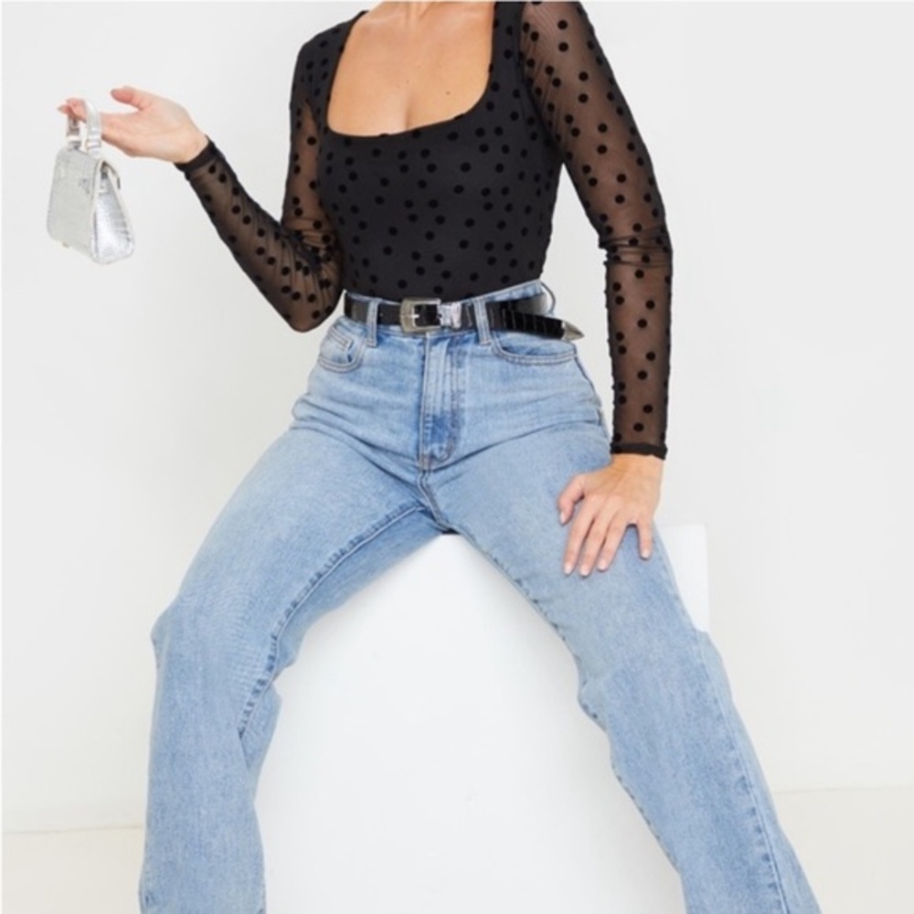 NWT pretty little thing Black Polka Dot
Mesh Square Neck Bodysuit